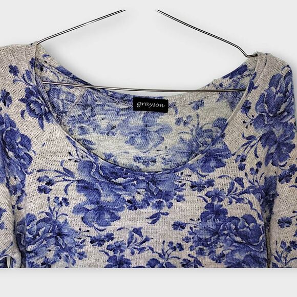 Grayson Womens Top Sz L Long Sleeves Light Knit Scoop Neck Grey Blue Boho‎ Y2K - Picture 3 of 6